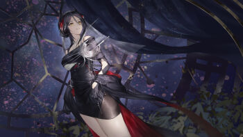 1girl absurdres alternate_costume arknights black_dress black_gloves black_hair breasts commentary_request cross-shaped_pupils demon_horns dress dutch_angle gloves highres horns ines_(arknights) ines_(melodic_flutter)_(arknights) looking_to_the_side parted_lips short_dress short_hair solo standing symbol-shaped_pupils yellow_eyes yiyanbanshengchou