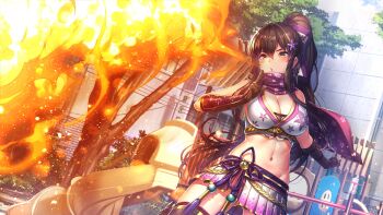 1girl absurdres akasaai bare_shoulders black_gloves bracer breasts breath_weapon breathing_fire brown_hair cleavage commentary_request crop_top fire flower gloves hair_flower hair_ornament highres large_breasts long_hair midriff miniskirt navel ninja ninnindays parted_lips pleated_skirt ponytail purple_scarf purple_skirt purple_thighhighs scarf second-party_source skirt solo stomach stomach_day sumire_(ninnindays) thighhighs yellow_eyes
