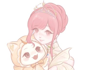 Rule 34 | 1girl, 47 (lofter 4761821021), animal, bare shoulders, bow, bowtie, brown eyes, cat, chin rest, chinese commentary, cloak, clothed animal, clothing cutout, commentary request, detached collar, dress, ear covers, earrings, eyelashes, feather earrings, feathers, floral print, frilled cloak, frilled hood, frills, glint, hair bun, happy, head on head, head rest, high collar, highres, holding, holding animal, holding cat, hood, hood up, hooded cloak, infinity nikki, jewelry, light blush, lipstick, makeup, melody bloom (infinity nikki), momo (nikki), nikki (nikki), nikki (series), nostrils, official alternate costume, orange bow, orange bowtie, parted lips, pink hair, pink lips, print bow, print bowtie, print hood, rose print, short hair with long locks, short sleeves, shoulder cutout, sidelocks, single hair bun, smile, sparkle, tiara, transparent background, updo, upper body, white cat, yellow cloak, yellow collar, yellow dress