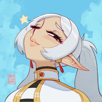 1girl capelet clear_sky cropped_shoulders earrings elf floating_earrings frieren gold_trim hair_over_shoulder highres hotsumi jewelry long_pointy_ears meme parted_bangs pointy_ears shirt signature sky solo sousou_no_frieren striped_clothes striped_shirt teardrop_earrings twintails upward_angle_frieren_drawing_(meme) white_capelet