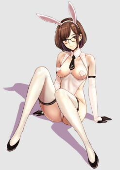 1girl animal_ears animal_print black-framed_eyewear black_necktie breasts brown_hair bunny_day closed_mouth commentary_request elbow_gloves fake_animal_ears full_body glasses gloves grey_background heart_pasties highres leotard light_blush light_smile looking_at_viewer medium_breasts medium_hair necktie original pasties rabbit_ears rabbit_print red_eyes shadow sitting solo takano_masayuki thighhighs white_leotard white_thighhighs