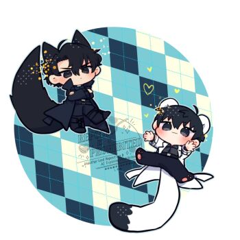 2boys :/ animal_ears black_coat black_eyes black_hair black_shirt cat_ears cat_tail coat collared_shirt commentary crossed_arms crossed_legs double-parted_bangs full_body hair_between_eyes highres kemonomimi_mode kim_dokja kimidori_22 male_focus mouse_ears mouse_tail multiple_boys omniscient_reader&#039;s_viewpoint open_clothes open_coat outstretched_legs paw_shoes popped_collar shirt short_hair smile symbol-only_commentary tail white_coat yoo_joonghyuk