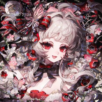Rule 34 | 1girl, ahoge, blunt bangs, bow, bug, butterfly, dated, eyelashes, eyeshadow, flower, gradient hair, hair bow, hair intakes, hair ornament, highres, insect, looking at viewer, makeup, multicolored hair, original, pink flower, portrait, red bow, red eyes, red flower, red theme, sidelocks, solo, square, thorns, too many watermarks, watermark, white flower, white hair, xingchunxiang