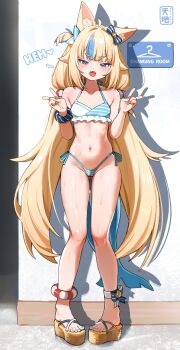 1girl :3 :d absurdres animal_ear_fluff animal_ears bikini blonde_hair blue_bikini blue_eyes blue_nails blue_streaks blush breasts cat_ears collarbone commentary double_v english_commentary english_text fangs fins fish_girl fish_tail full_body gluteal_fold half-closed_eyes hands_up highleg highleg_bikini highres indie_virtual_youtuber lifebuoy_anklet lifebuoy_hair_ornament long_hair low_twintails multicolored_hair navel open_mouth outdoors paid_reward_available paper_boat pigeon-toed platform_sandals sameko_saba sameko_saba_(1st_costume) sandals scrunchie side-tie_bikini_bottom sign small_breasts smile solo standing streaked_hair sweat swimsuit tail tenchi_mayo thighs twintails v v-shaped_eyebrows variant_set very_long_hair virtual_youtuber wet wrist_scrunchie