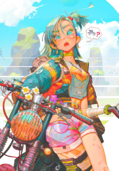 1girl ? aqua_eyes aqua_hair aqua_jacket artist_name bag bandaged_arm bandages bandaid bandaid_on_cheek bandaid_on_face bandaid_on_knee bandaid_on_leg belt black_gloves blue_sky bracelet breasts brown_bag bulma choker colored_eyelashes commentary cowboy_shot crescent crescent_earrings cropped_jacket cropped_shirt dragon_ball dragon_ball_(classic) ear_piercing earrings english_commentary gloves hair_between_eyes hair_ornament hair_scrunchie hand_on_own_hip high_side_ponytail highres holding jacket jewelry looking_at_viewer medium_breasts medium_hair midriff motor_vehicle motorcycle necklace on_motorcycle open_clothes open_jacket open_mouth orange_thighhighs outdoors paul_nong piercing pink_shorts print_shirt red_scrunchie scrunchie shirt shorts signature single_glove single_thighhigh sitting sky solo speech_bubble spiked_bracelet spikes teeth thigh_strap thighhighs white_background white_shirt yellow_choker