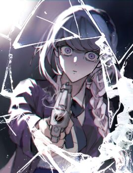 1girl black_bow black_ribbon bow braid chinese_commentary chromatic_aberration closed_mouth collared_shirt commentary_request crying crying_with_eyes_open dutch_angle fourth_wall grey_hair gun hair_bow handgun highres holding holding_gun holding_weapon jacket kirifuji_nozomi lapels long_hair neck_ribbon notched_lapels open_clothes open_jacket purple_eyes purple_jacket ribbon shirt side_braid single_braid smoke smoking_barrel solo syan tears the_hundred_line_-last_defense_academy- upper_body weapon white_shirt wide-eyed