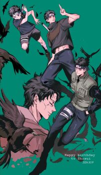 1boy age_progression bird black_eyes black_hair black_pants character_name closed_eyes closed_mouth commentary crow dated english_commentary falling_feathers feathers flak_jacket forehead_protector full_body green_background hands_in_pockets happy_birthday highres jacket konohagakure_symbol male_focus midriff_peek momoyoru1 naruto_(series) naruto_shippuuden pants parted_lips red_eyes sharingan short_hair simple_background teeth uchiha_shisui weapon weapon_on_back