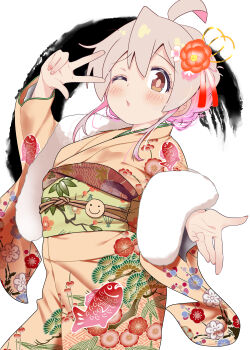 1girl absurdres blush breasts brown_hair chibi commentary_request feet_out_of_frame floral_print floral_print_kimono hair_up highres japanese_clothes kimono large_breasts looking_at_viewer obi one_eye_closed onii-chan_wa_oshimai! oyama_mahiro print_kimono sash shiina_excel simple_background solo standing v white_background yellow_kimono