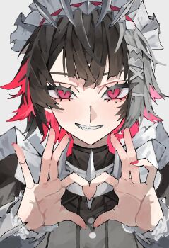 1girl absurdres black_hair colored_inner_hair commentary_request ellen_joe four-finger_heart_hands grin hairband heart heart_hands highres looking_at_another looking_at_viewer maid metal_hairband mole mole_under_eye multicolored_hair parted_lips portrait razor_blade_hair_ornament red_eyes red_hair shark_girl short_hair simple_background smile solo spiked_headband walk43049101art white_background zenless_zone_zero