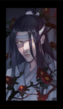 1boy actcat3 black_border black_hair border branch camellia chinese_clothes closed_mouth eyelashes flower hanfu headband highres lan_wangji lips long_hair looking_at_viewer male_focus modao_zushi portrait red_flower shade solo topknot upper_body white_hanfu white_headband xiao_guan_(headdress) yellow_eyes