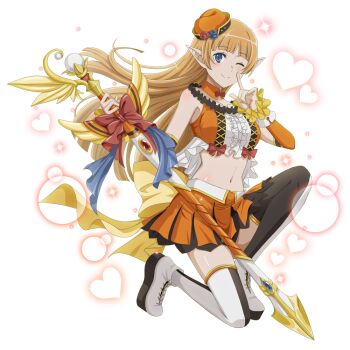 1girl anime_coloring bare_shoulders black_thighhighs blunt_bangs bow center_frills closed_mouth crop_top danmachi_memoria_freese detached_collar dungeon_ni_deai_wo_motomeru_no_wa_machigatteiru_darou_ka elf finger_to_cheek frills full_body hands_up hat holding holding_staff idol idol_clothes lefiya_viridis long_hair looking_at_viewer midriff mini_hat navel official_alternate_costume official_alternate_hairstyle official_art on_one_knee one_eye_closed orange_hair orange_hat orange_skirt pointy_ears red_bow shoes skirt smile solo staff stomach thighhighs third-party_source two-tone_thighhighs white_shoes white_thighhighs