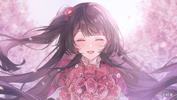 Rule 34 | 1girl, absurdres, blush, bouquet, brown hair, closed eyes, commentary request, floating hair, flower, goraku production, highres, holding, holding bouquet, long hair, mameko (l8 w3), mole, mole under eye, ochinai inaho, open mouth, portrait, red flower, red rose, rose, smile, sparkle, swept bangs