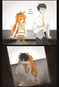1boy 1girl 2koma absurdres animal_ears arm_support barefoot black_pants coffee coffee_mug comic completely_nude crop_top cup doli_palta english_text grabbing_another's_tail green_thighhighs hetero highres holding holding_cup horse_ears horse_girl horse_tail hug leg_lock loli mayano_top_gun_(scramble_zone)_(umamusume) mayano_top_gun_(umamusume) midriff mug navel necktie nude orange_eyes orange_hair pants sex shirt short_shorts shorts sitting speech_bubble spilled_drink stomach t-head_trainer_(umamusume) tail tank_top thighhighs toes trainer_(umamusume) umamusume white_shirt white_shorts yellow_necktie yellow_tank_top