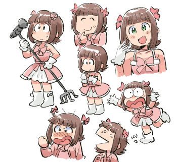 Rule 34 | 1girl, amami haruka, angry, boots, brown hair, chibi, closed eyes, cute &amp; girly (idolmaster), dress, gloves, green eyes, holding, holding microphone stand, idolmaster, idolmaster (classic), idolmaster 1, looking at viewer, microphone, microphone stand, multiple views, official alternate costume, open mouth, pink dress, short hair, simple background, smile, snow strawberry (idolmaster), tripping, tsubobot, white background, white boots, white gloves