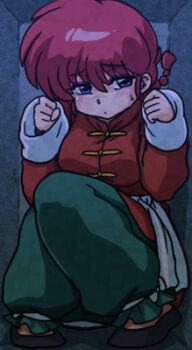 1girl blue_eyes blush braid braided_ponytail breasts chinese_clothes hair_between_eyes lowres ranma-chan ranma_1/2 red_hair sad solo tangzhuang trapped wanta_(futoshi)