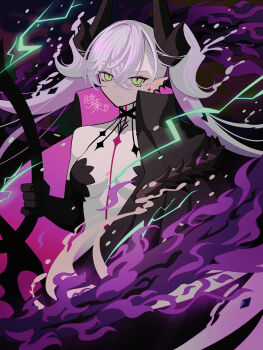 Rule 34 | 1girl, absurdres, bare shoulders, black cloak, black hands, body markings, breasts, choker, cloak, colored extremities, commentary, crossed bangs, demon girl, demon horns, demon wings, ear piercing, fate/grand order, fate (series), green eyes, grey hair, hair between eyes, highres, horns, koma315ht, lilith (fate), lilith (second ascension) (fate), long hair, looking at viewer, medium breasts, piercing, pointy ears, revision, scissors, twintails, very long hair, very long robe, wings