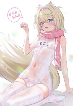 1girl animal_ears arm_support bandaid_on_hair blonde_hair blue_eyes blush cameltoe commentary_request covered_navel glasses hair_ornament hairband hairclip highres hololive hololive_english huziiro_matutya mococo_abyssgard nail_polish one-piece_swimsuit open_mouth paw_pose pink_hairband red-framed_eyewear school_swimsuit see-through_clothes see-through_one-piece_swimsuit short_hair speech_bubble swimsuit tail thighhighs virtual_youtuber wet_one-piece_swimsuit white_one-piece_swimsuit white_thighhighs