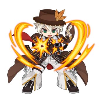 1boy black_boots boots brown_cape brown_coat brown_hat cape chibi chibi_only coat dual_wielding firing firing_at_viewer full_body green_eyes gun handgun hat hat_feather holding holding_gun holding_weapon lace-up_boots looking_at_viewer male_focus night_watch_(ragnarok_online) official_art open_mouth pants ragnarok_online shirt short_hair simple_background smile solo transparent_background v-shaped_eyebrows weapon white_hair white_pants white_shirt yuichirou