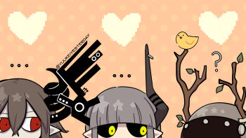 ... 3girls ? animal animal_on_head antlers bird bird_on_head black_horns blunt_bangs branch brown_hair curved_horns demon_girl funamusea grey_hair hanten_(funamusea) heart heart_background helmet highres horns kurotsuno long_hair looking_at_another mechanical_horns met_(funamusea) multiple_girls on_head orange_background pixel_heart pointy_ears polka_dot portrait red_eyes redscarfy sutare_yume yellow_eyes