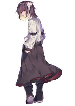 1girl absurdres arm_garter black_arm_garter black_boots black_skirt boots closed_mouth collar hair_between_eyes hairband hands_in_pockets highres long_skirt looking_back muraryo red_eyes shirt short_hair skirt skirt_pocket solo touhou usami_renko white_collar white_hairband white_shirt
