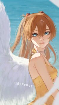 1girl absurdres angel_wings artist_name blue_eyes breasts cleavage closed_mouth double-parted_bangs dress eyelashes hair_between_eyes hashtag-only_commentary highres looking_at_viewer mercaxy neon_genesis_evangelion orange_hair shaded_face small_breasts solo souryuu_asuka_langley standing twintails wings yellow_dress