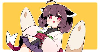 Rule 34 | 1girl, :d, ahoge, blush, border, brown hair, cowboy shot, headgear, ini (inunabe00), japanese clothes, kimono, kiritanpo (food), long sleeves, looking at viewer, miniskirt, obi, open mouth, outline, outside border, pleated skirt, purple skirt, red eyes, red sash, sash, short hair, simple background, skirt, smile, solo, touhoku kiritan, voiceroid, white border, white kimono, white outline, yellow background