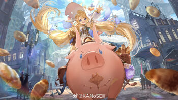 +_+ 1girl absurdly_long_hair animal_ears bagel baguette bare_shoulders basket black_footwear black_shirt blonde_hair blue_bow blue_eyes blue_sky bow bracelet bread building chinese_commentary cloud commentary_request day detached_sleeves dress duet_night_abyss eyelashes filbert_(duet_night_abyss) floating_clothes flower food full_body gold_bracelet hair_bow hair_flower hair_ornament hair_tie happy hat hat_bow highres hitokoto jewelry kneehighs lamppost light_particles long_hair long_sleeves low-tied_long_hair low_twintails medium_dress open_mouth outdoors outstretched_arm palms people pig potion puffy_long_sleeves puffy_sleeves purple_bow riding riding_animal sheep_ears shirt shirt_under_dress shoes sky sleeveless sleeveless_shirt smile socks sparkling_eyes stairs sun_hat tareme teeth torn_clothes torn_hat truffle_(duet_night_abyss) turtleneck turtleneck_shirt twintails upper_teeth_only very_long_hair watermark weibo_watermark white_dress white_flower white_hat white_sleeves white_socks