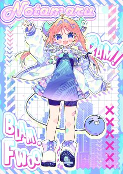 1girl :3 :d absurdres ahoge ako-chan_(notamaru_2) arm_up artist_name bandaid bandaid_on_leg blue_shorts blush_stickers boots commentary drop_shadow english_commentary fang full_body green_horns grid_background hair_intakes hair_ornament hairclip highres horns lace-up_boots long_hair long_sleeves looking_at_viewer notamaru_2 open_mouth original outline parallel_hairclips pink_hair purple_eyes shirt shorts smile solo standing w white_background white_boots white_outline white_shirt