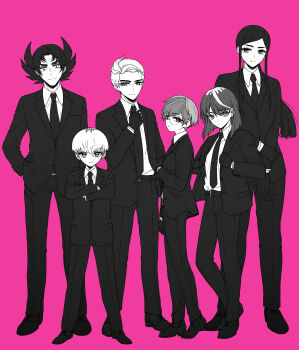 Rule 34 | 3boys, 3girls, absurdres, ahoge, alternate costume, atticus (pokemon), closed mouth, collared shirt, commentary request, crossed arms, eri (pokemon), eyelashes, formal clothes, giacomo (pokemon), glasses, gloves, hand on own arm, highres, jacket, long hair, long sleeves, matching outfits, medium hair, mela (pokemon), monochrome, multicolored hair, multiple boys, multiple girls, necktie, nintendo, ortega (pokemon), pants, penny (pokemon), pink background, pokemon, pokemon sv, round eyewear, shirt, shoes, short hair, sidelocks, simple background, smile, standing, suit, suzukinoko1021, team star, two-tone hair, very short hair