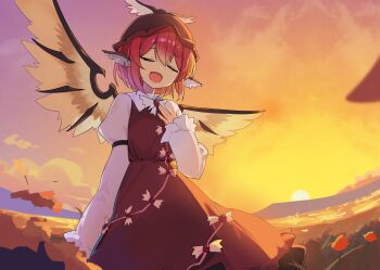 1girl absurdres animal_ear_piercing animal_ears bird_ears brown_dress brown_hat closed_eyes commentary_request dress earrings hat highres hoop_earrings jewelry long_sleeves music mystia_lorelei open_mouth pink_hair ririo_(mitsumatario) singing smile solo sun touhou winged_hat wings