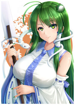 Rule 34 | 1girl, absurdres, antenna hair, arm under breasts, breasts, closed mouth, collarbone, collared shirt, colored eyelashes, commentary request, curled fingers, detached sleeves, dot nose, eyebrows hidden by hair, eyes visible through hair, floral background, frog hair ornament, gohei, green eyes, green hair, green nails, hair ornament, hair tubes, highres, holding, holding gohei, kochiya sanae, large breasts, light smile, long hair, looking at viewer, nontraditional miko, oonusa, orange background, polka dot, seiya (iiseven), shirt, sidelocks, single hair tube, snake, solo, touhou, upper body, white background, white shirt, white snake