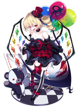 1girl balloon bare_shoulders black_dress blush breasts cleavage crystal crystal_wings detached_collar detached_sleeves dress drill_hair flandre_scarlet floating_card full_body hat highres holding holding_scythe large_breasts long_hair looking_at_viewer mini_hat mob_cap multicolored_dress open_mouth plaid_clothes plaid_dress pleated_dress red_dress red_eyes scythe side_ponytail smile solo teardrop_facial_mark thighhighs touhou wings yamanakaume