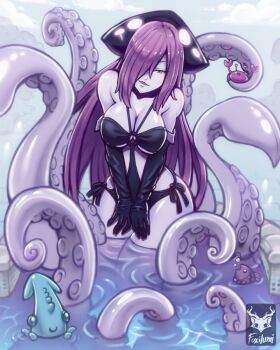 1girl artist_name bare_shoulders black_gloves breasts cleavage crab elbow_gloves female_focus fish foxilumi gloves hair_over_one_eye kraken_(monster_girl_encyclopedia) large_breasts light_smile long_hair looking_at_viewer monster_girl monster_girl_encyclopedia monster_girl_encyclopedia_ii pale_skin parted_lips partially_submerged purple_eyes purple_hair scylla solo squid suction_cups tentacles very_long_hair water