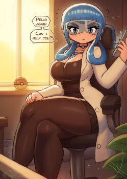 1girl ? absurdres black_pantyhose black_shirt blue_eyes blue_hair blue_nails blue_necktie blush breasts chair choker cleavage coat collarbone crossed_legs earrings goggles hair_rings highres holding holding_tablet_pc jewelry lab_coat large_breasts long_hair long_sleeves looking_at_viewer mable_(pokemon) necktie nintendo open_clothes open_coat pantyhose pencil_skirt plant poke_ball poke_ball_(basic) pokemon pokemon_legends:_z-a shirt sitting skirt sky speech_bubble swivel_chair tablet_pc thick_thighs thighs tony_welt trash_can tree white_coat wide_hips window
