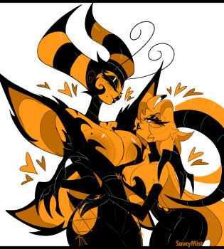 2girls alternate_form antenna_hair areola_slip arthropod_girl artist_name bare_shoulders bee_girl bee_wings beelzebub_(helluva_boss) belt black_eyeshadow black_gloves black_hair black_horns black_lips blush breasts center_opening cleavage closed_eyes collarbone cowboy_shot cross-laced_slit demon_girl demon_horns detached_collar elbow_gloves eyeshadow face-to-face gloves hair_slicked_back hand_on_another&#039;s_hip hand_on_another&#039;s_shoulder hazbin_hotel heart hellaverse helluva_boss high_belt horns huge_breasts huge_horns insect_girl insect_wings lilith_(hazbin_hotel) long_eyelashes long_hair long_horns looking_at_another makeup multicolored_horns multiple_girls parted_lips revealing_clothes saucymist sidelocks simple_background two-tone_horns very_long_hair white_background wings yellow_theme yuri