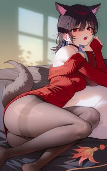 1girl absurdres animal_ears bare_shoulders black_choker black_hair breasts brown_pantyhose cat_ears cat_girl cat_tail choker colored_inner_hair commentary english_commentary extra_ears highres long_sleeves looking_at_viewer medium_breasts medium_hair multicolored_hair off-shoulder_sweater off_shoulder open_mouth original pantyhose red_eyes red_sweater ribbed_sweater sitting solo sweater tail thighband_pantyhose timy