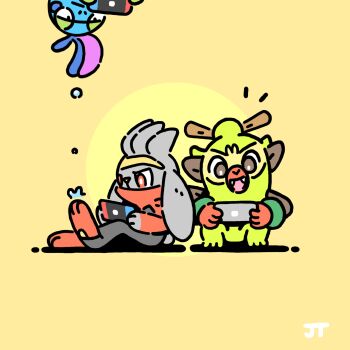 black_eyes bright_pupils brown_eyes commentary dripping drizzile english_commentary gen_8_pokemon half-closed_eyes handheld_game_console highres holding holding_handheld_game_console james_turner nintendo nintendo_switch no_humans notice_lines orange_eyes playing_games pokemon pokemon_(creature) raboot signature sitting thwackey water_drop white_pupils