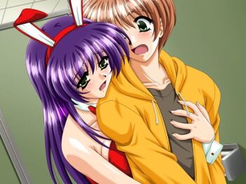 1boy 1girl animal_ears blush breasts cleavage fake_animal_ears long_hair playboy_bunny purple_hair rabbit_ears short_hair smile tottemo_pheromone tsunashima_erika
