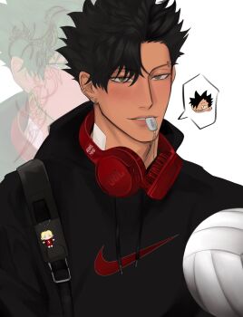 Rule 34 | 1boy, aransmind, artist name, backpack, bag, ball, black hair, black hoodie, character charm, charm (object), chibi, chibi inset, cyber sigilism, ear piercing, eyebrow piercing, face piercing, gauze on neck, haikyuu!!, hair between eyes, headphones, headphones around neck, highres, holding, holding ball, hood, hood down, hoodie, ibispaint (medium), kozume kenma, kuroo tetsurou, light blush, light smile, looking at viewer, necklace in mouth, nike (company), parted lips, piercing, slit pupils, speech bubble, spiked hair, tan, volleyball (object), white background, yellow eyes, zoom layer