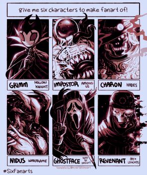 3boys 3others alien among_us apex_legends bug character_name charon_(hades) classic_revenant copyright_name creature dead_by_daylight english_text facing_viewer ghostface glowing glowing_eye grimm_(hollow_knight) hades_(series) hades_1 hat highres holding holding_knife hollow_knight hood hood_up impostor_(among_us) kadabura knife limited_palette long_tongue looking_at_viewer mask multiple_boys multiple_drawing_challenge multiple_others nidus_(warframe) revenant_(apex_legends) scarf sharp_teeth six_fanarts_challenge spacesuit steam teeth tongue tongue_out v warframe