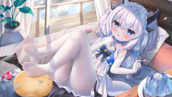 1girl abby_(azur_promilia) absurdres azur_promilia black_horns blue_dress blue_eyes blue_hair cameltoe candy commentary_request dragon_girl dragon_horns dragon_tail dress elbow_gloves feet food foot_focus gelatin gloves highres horns manjuu_(azur_lane) no_shoes on_bed open_mouth pantyhose presenting_own_foot qiyi_71 remote_control_vibrator sex_toy solo tail two-tone_dress vibrator white_dress white_gloves white_pantyhose