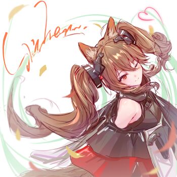 Rule 34 | 1girl, absurdres, angelina (arknights), animal ear fluff, animal ears, arknights, arknights: endfield, bare shoulders, breasts, brown hair, chinese commentary, coat, commentary request, dot nose, dress, fox ears, fox girl, fox tail, from above, gilberta (arknights), grey dress, headpiece, heart, high collar, highres, long hair, long sleeves, looking at viewer, medium breasts, off shoulder, one eye closed, open clothes, open coat, red coat, red eyes, shi-zhen, sign, sleeveless, sleeveless dress, smile, solo, tail, twintails, upper body, very long hair, white background