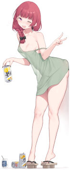 1girl absurdres against_wall alcohol areola_slip black_nails blunt_bangs blush bocchi_the_rock! braid breasts can cloba collarbone commentary_request dress drink_can earrings geta green_dress hanafuda_earrings highres hiroi_kikuri holding holding_can jewelry long_hair looking_at_viewer naked_dress no_bra no_panties one_eye_closed open_mouth purple_eyes purple_hair see-through_clothes see-through_dress see-through_silhouette sharp_teeth simple_background single_braid small_breasts smile solo standing strap_slip teeth thighs v white_background