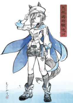1girl animal_ears arm_up boots breasts cheval_grand_(grand_itineraire)_(umamusume) cheval_grand_(umamusume) commentary_request ears_through_headwear full_body hand_on_headwear hat highres horse_ears horse_girl horse_tail jacket long_sleeves looking_at_viewer medium_breasts moko_(mokochisa) navel partially_colored peaked_cap short_shorts shorts socks solo standing tail translation_request umamusume white_background