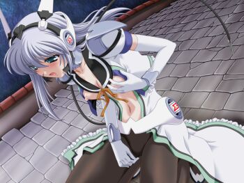 1girl 2000s_(style) amagi_nanaha aqua_eyes black_hairband black_pantyhose blue_eyes blush bow breasts cable coat collarbone dress dutch_angle elbow_gloves female_masturbation frills game_asset gloves grabbing_own_breast grey_hair hair_between_eyes hairband kneeling long_hair magical_girl mahou_senshi_(series) mahou_senshi_symphonic_knights masturbation masturbation_through_clothes medium_breasts navel night nipples no_bra non-web_source official_art open_clothes open_coat open_dress open_mouth open_shirt orange_bow orange_ribbon outdoors pantyhose ribbon robot_ears sailor_collar saitou_natsuki self-datamine shirt short_sleeves small_breasts solo symphonic_sugar variant_set visual_novel_cg white_gloves