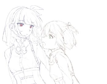 Rule 34 | 2girls, absurdres, amamiya sophia seren, antares (alxy13d), arms at sides, assault lily, bow, bow hairband, bowtie, chinese commentary, closed mouth, collared shirt, commentary request, corset, green eyes, greyscale, hair bow, hairband, highres, kuroki francisca yuria, looking at another, looking down, looking to the side, looking up, ludvico private girls' academy school uniform, medium hair, monochrome, multiple girls, one side up, open mouth, profile, red eyes, school uniform, shirt, short hair, spot color, suspenders, underbust, upper body