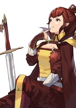 1girl anna_(fire_emblem) anna_(fire_emblem_awakening) boots breasts brown_cape brown_eyes brown_hair brown_pants cape cleavage cleavage_cutout closed_mouth clothing_cutout feet_out_of_frame finger_to_mouth fingerless_gloves fire_emblem fire_emblem_awakening gloves highres j@ck knee_boots long_hair looking_away looking_up medium_breasts nintendo pants planted planted_sword planted_weapon ponytail purple_boots sidelocks simple_background sitting smile solo sword weapon white_background wrist_guards