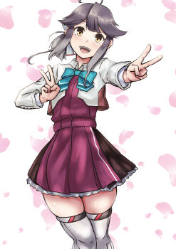 1girl absurdres agodashi ahoge aqua_bow aqua_bowtie black_hair blazer bow bowtie commentary_request double_v dress feet_out_of_frame gradient_hair grey_hair grey_jacket grey_thighhighs halter_dress halterneck hayanami_(kancolle) hayanami_kai_ni_(kancolle) highres jacket kantai_collection multicolored_hair petals purple_dress short_hair side_ponytail smile solo thighhighs v yellow_eyes