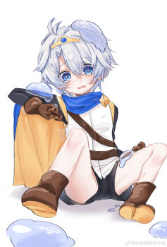 1boy absurdres aged_down ankle_boots antenna_hair arm_up artist_name baiwankun_sile belt black_shorts blue_cape blue_eyes boots bright_pupils brown_belt brown_boots brown_gloves cape crossed_bangs curtained_hair fallen_down flustered full_body gloves gold_tiara groin_tendon hand_on_own_thigh highres honkai:_star_rail honkai_(series) hoyofair knees_up long_sleeves male_focus official_alternate_costume open_mouth phainon_(honkai:_star_rail) raised_eyebrows shirt shoe_soles short_hair short_shorts shorts shoulder_belt simple_background sitting sleeveless sleeveless_shirt slime_(substance) solo spread_legs tears thighs tiara two-sided_cape two-sided_fabric undershirt untucked_shirt variant_set very_short_hair watermark weibo_watermark white_background white_shirt yellow_pupils