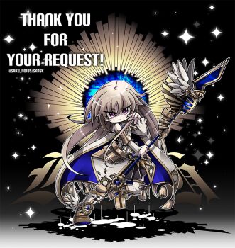 1girl anna_margrethe chunithm closed_mouth commentary_request commission full_body gradient_background holding holding_staff kumano_sakunosuke long_hair long_sleeves looking_at_viewer purple_eyes skeb_commission solo sparkle staff thank_you twitter_username very_long_hair winged_boots